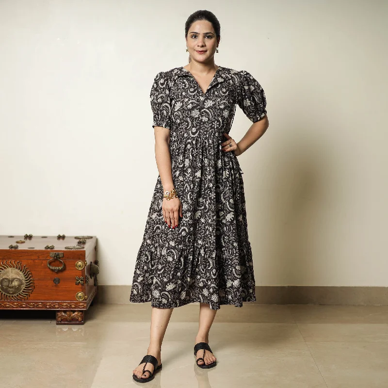 Black - Bagru Block Printed Cotton Tiered Dress 13