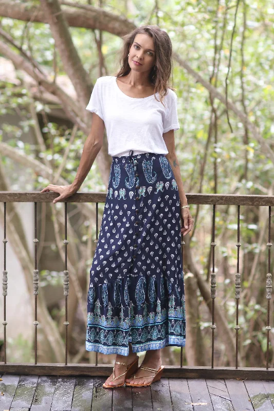 Navy Paisleys Paisley Motif Printed Rayon Skirt from Thailand