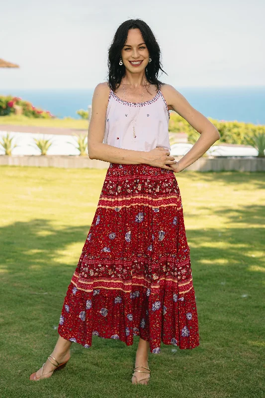 Poppy Garden Floral Rayon Skirt in Poppy Crafted in Thailand