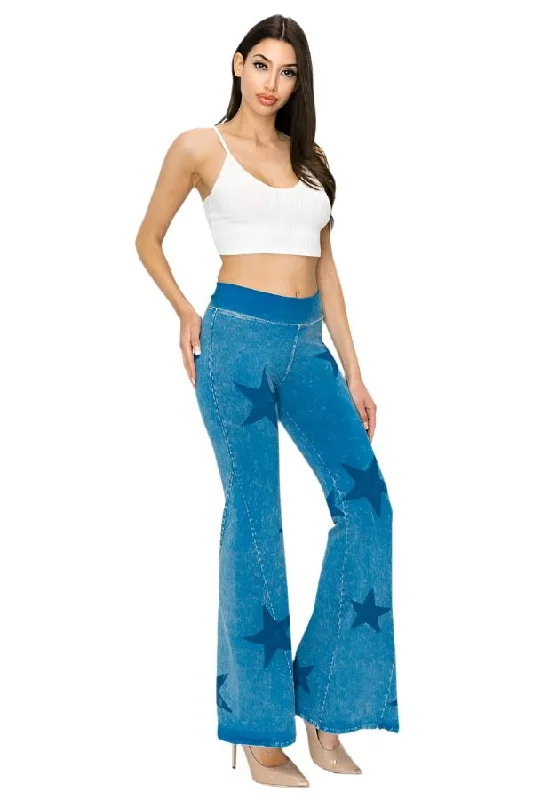 T-Party Mineral Wash Star Print Fold Over Waist Flare Pants CJ75491 Blue