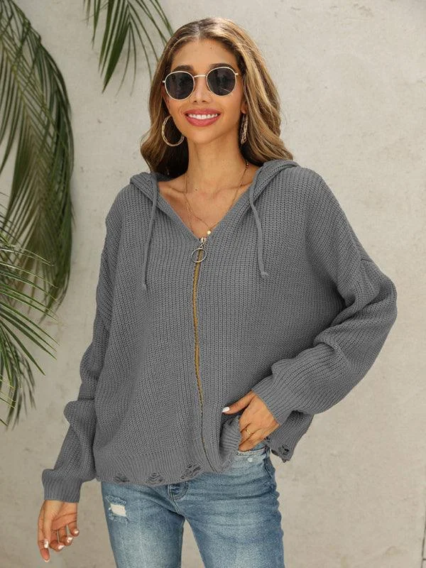 Hooded Hole Women Cardigan Sweater