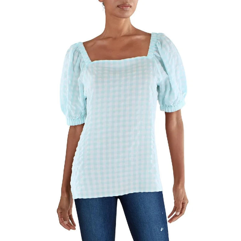 Anne Klein Womens Checkered Square-Neck Pullover Top